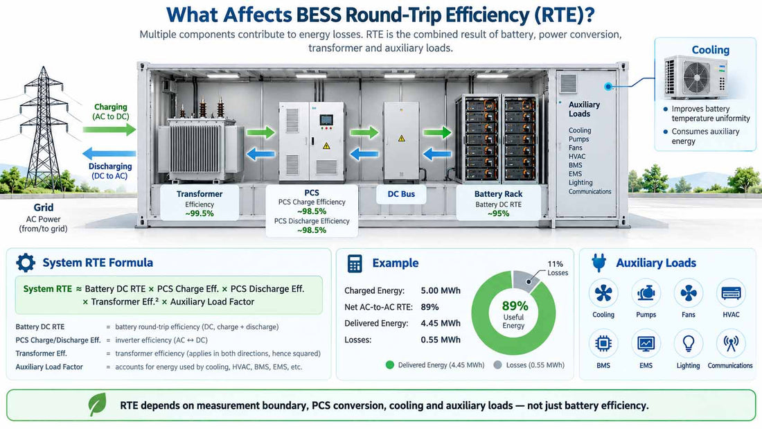 What Is BESS Round-Trip Efficiency? How Cooling, PCS and Auxiliary Loads Affect RTE